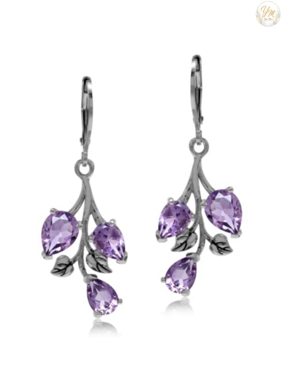 Genuine Amethyst 925 Sterling Silver Leaf Leverback Drop Dangle Earrings